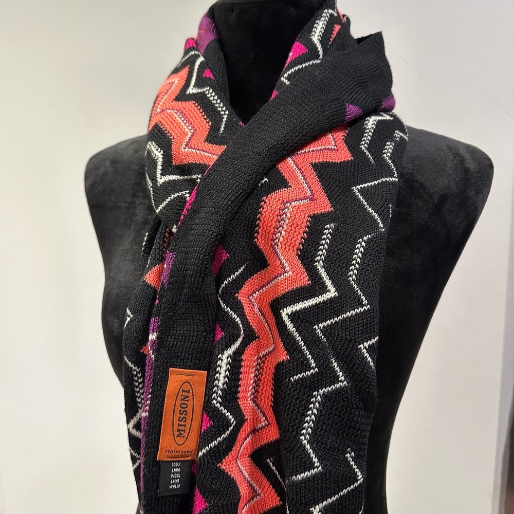 Missoni Black Knit Scarf with Pink and Orange Zigzag Pattern